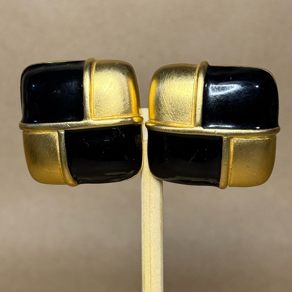 Large Vintage Givenchy Brushed Gold-Tone Black Enamel Clip-On Earrings